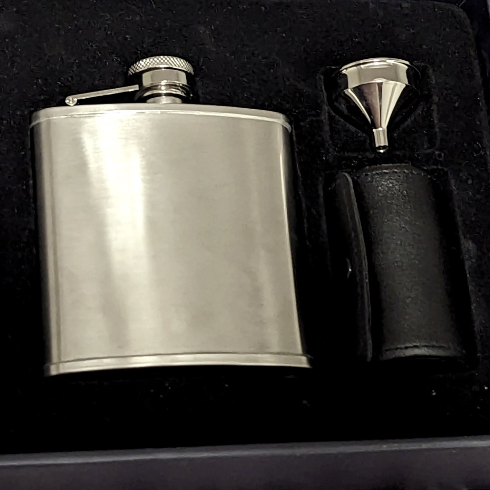 Brookstone Stainless Steel Flask Decanter with stainless funnel and cups NEW